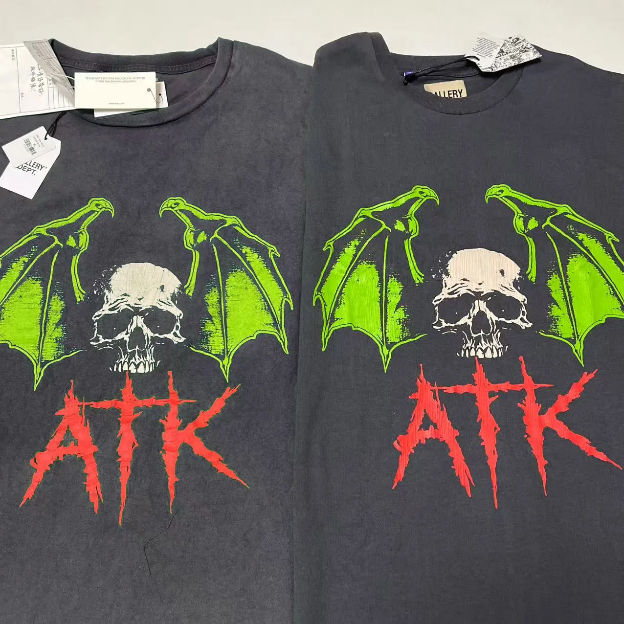 Authentic proofing GALLERY DEPT. ATK NIGHT TEE/WALK ATK series latest model Bat skull glitter LOGO distressed TEE Washed black S-XL Garment dyeing Rewashed distressed Original consistent main mark ➕ATK series main mark Correct version Top printing technology Divine restoration